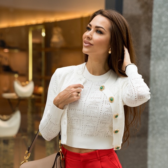 New! Monogram Knit Cropped Cardigan - white - Picture 3 of 5